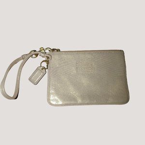Coach Small Wristlet Pouch In Shimmering Pearl White Leather Hardware Zipper